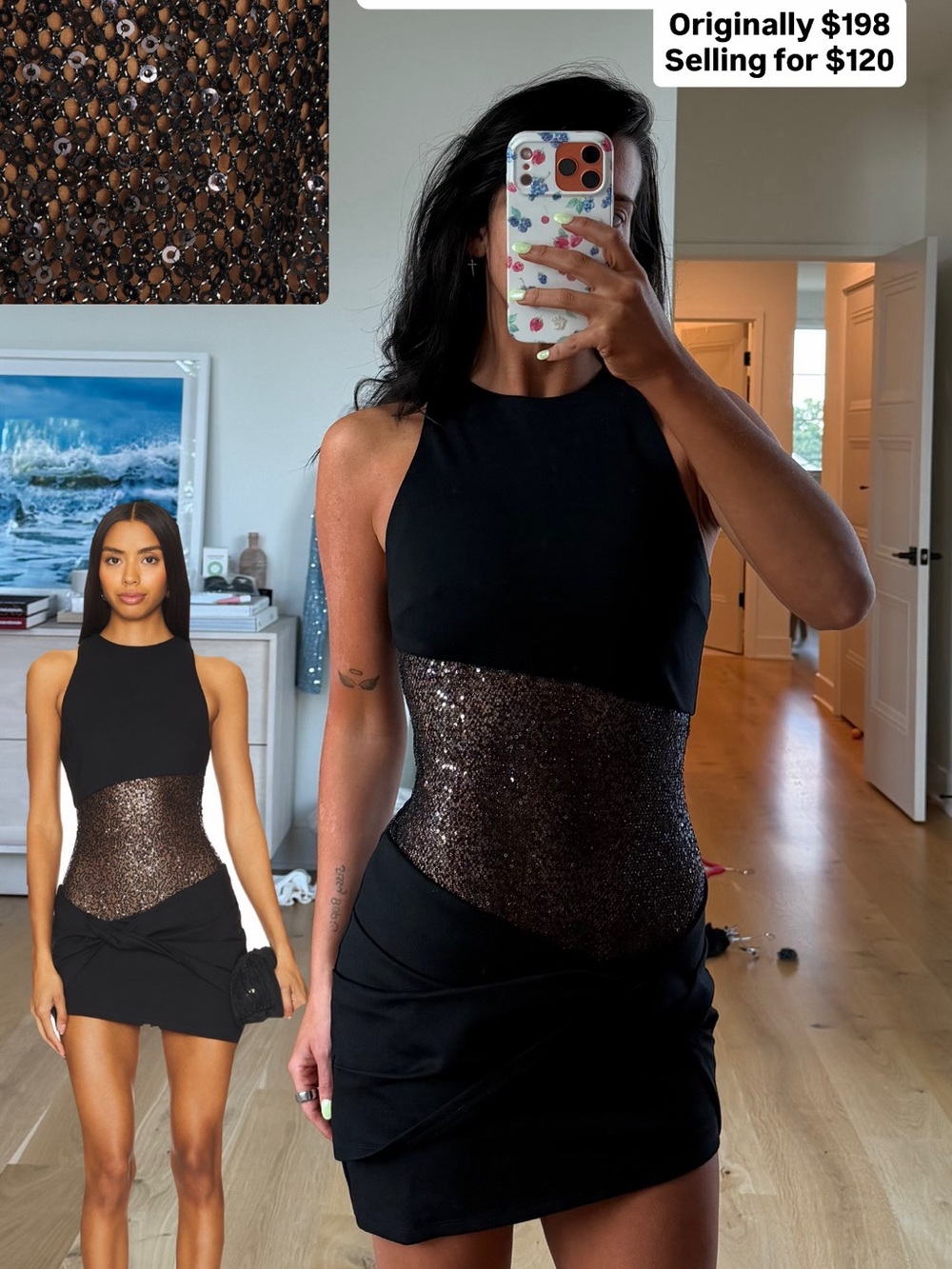 REVOLVE Black Mini Dress with Bronze Sequin Midsection